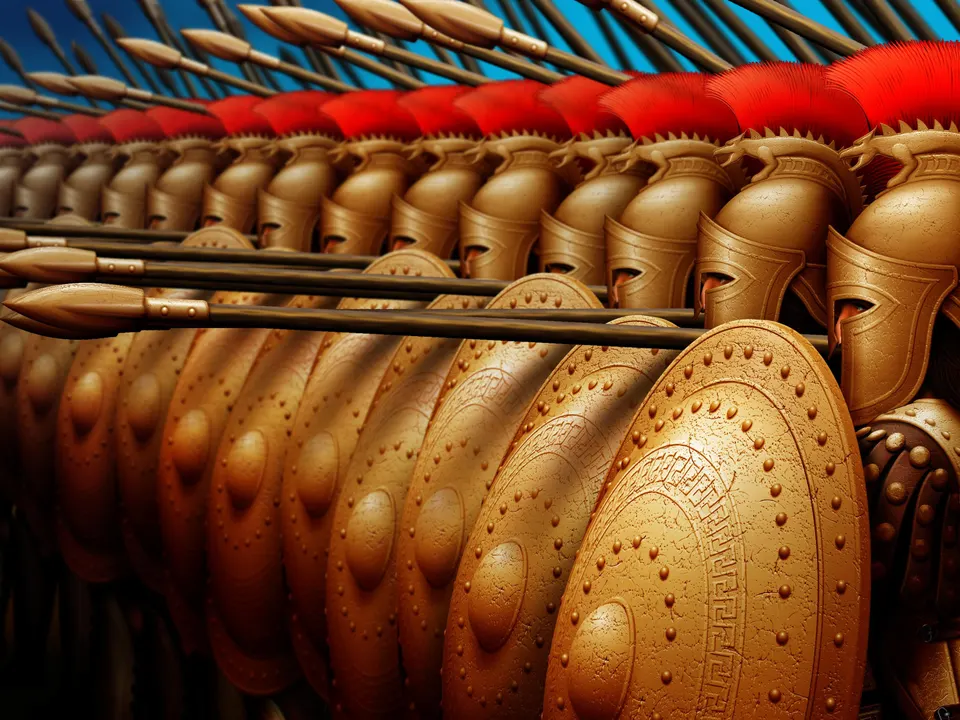 0x0 (23) Rows of bronze helmets and round shields with spears and red plumes in a formation, forming a phalanx display